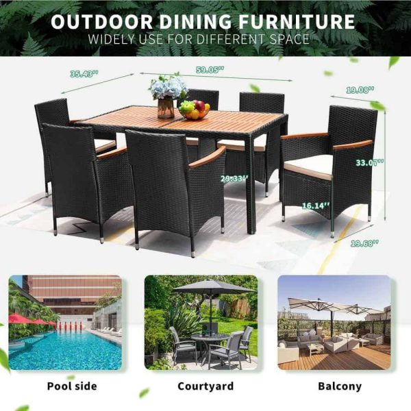 Tozey 7-Piece Acacia and Wicker Outdoor Dining Set with Beige Cushions - Image 3