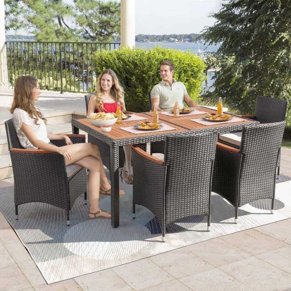 Tozey 7-Piece Acacia and Wicker Outdoor Dining Set with Beige Cushions - Image 2