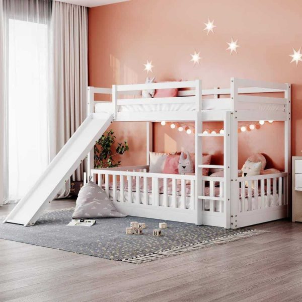 Bright Designs  White Twin Over Twin Wood Bunk Bed with Slide and Ladder