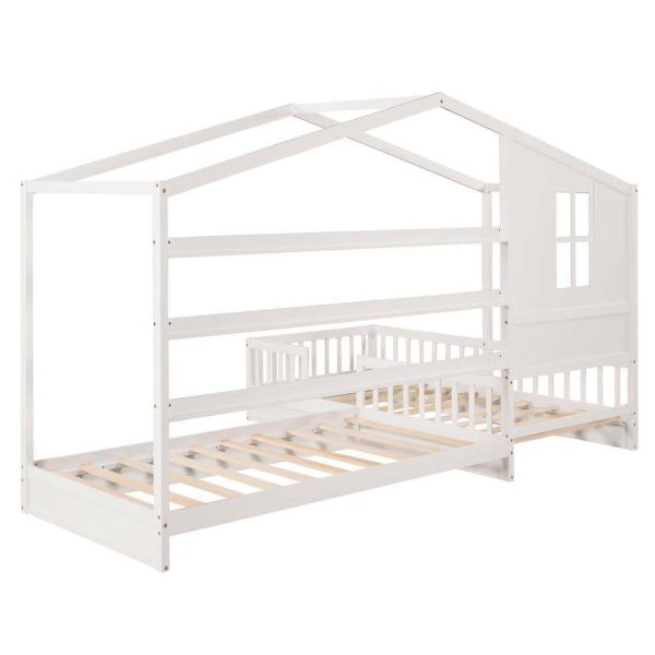 Bright Designs  L-shaped White Twin Size Wood House Bed with Fence - Image 7