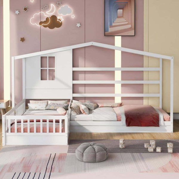 Bright Designs  L-shaped White Twin Size Wood House Bed with Fence - Image 11