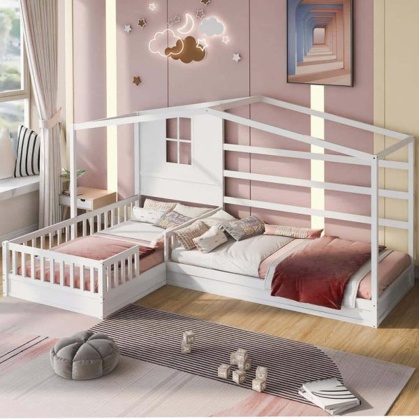 Bright Designs  L-shaped White Twin Size Wood House Bed with Fence