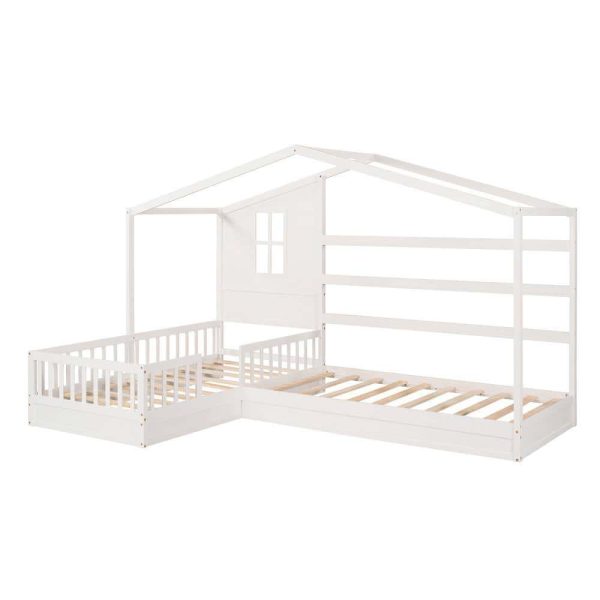 Bright Designs  L-shaped White Twin Size Wood House Bed with Fence - Image 5