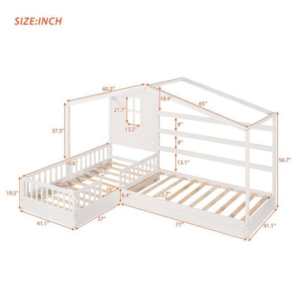 Bright Designs  L-shaped White Twin Size Wood House Bed with Fence - Image 2