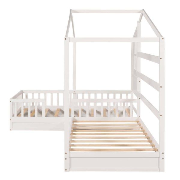 Bright Designs  L-shaped White Twin Size Wood House Bed with Fence - Image 9